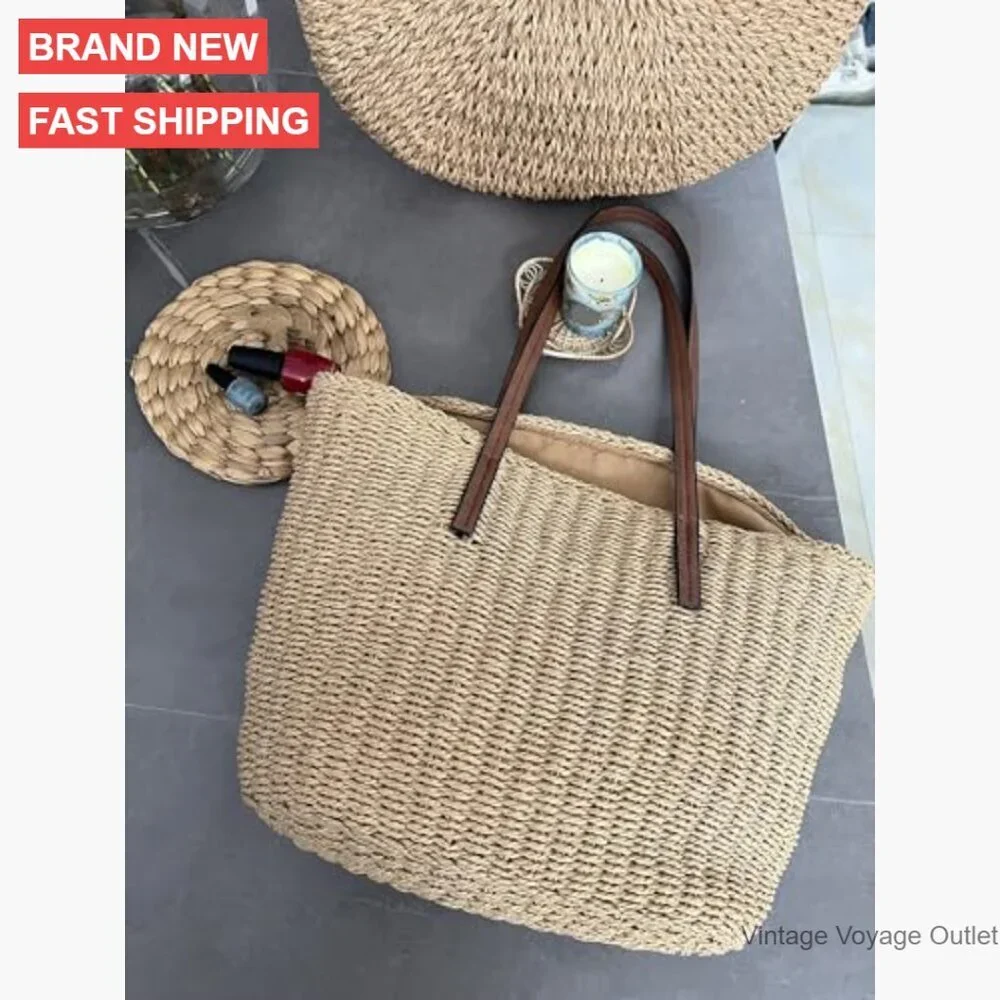 Medium Straw Tote Bag Woven Handmade Shoulder Bag Summer Travel - Picture 3 of 7